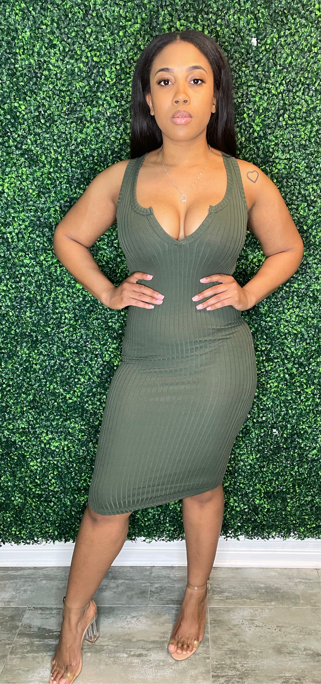 Snatched V  Dress Olive